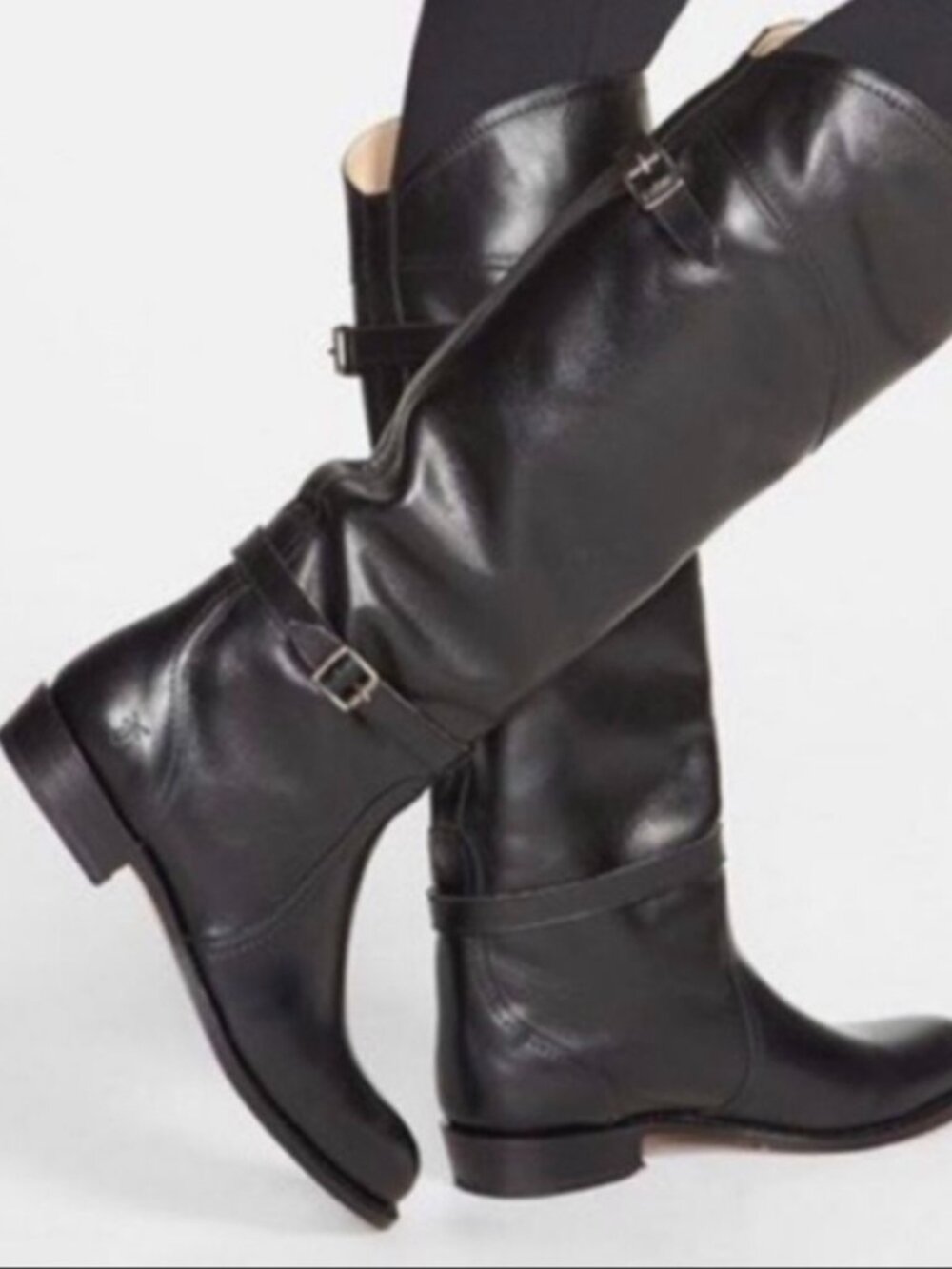 FRYE Black Leather Tall Riding Boots Size 8 Made in Spain Goodyear Welt Buckle